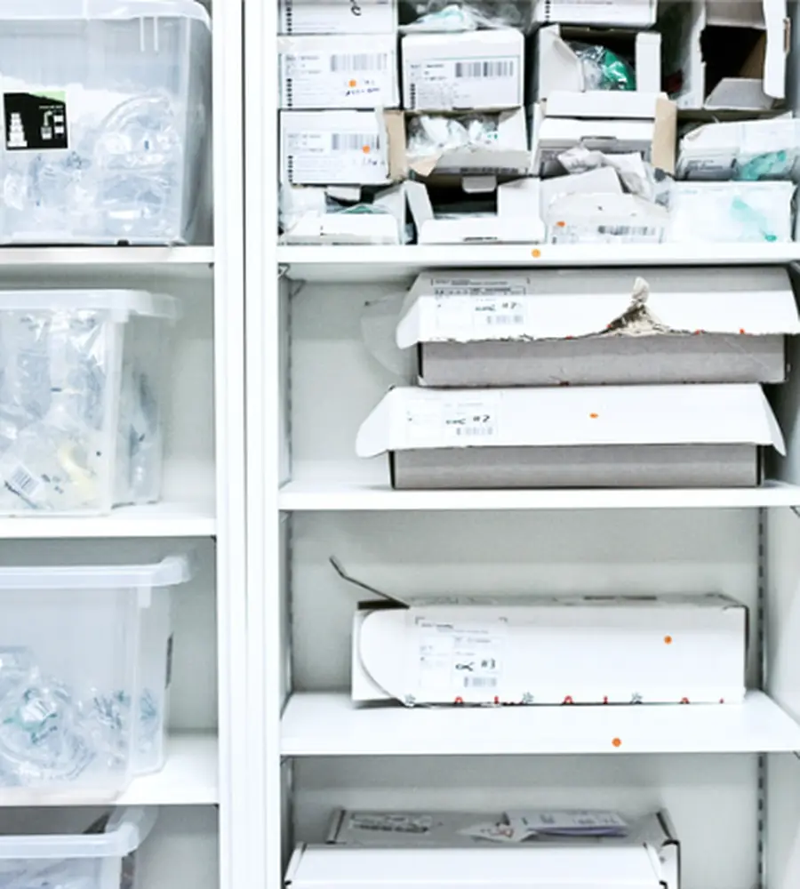 Prateleiras de almoxarifado hospitalar organizadas com materiais catalogados